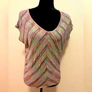 Colorful, cute tee. Very flattering gray tee with multi colored stripes.